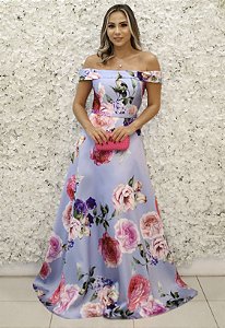 VESTIDO PRINCESA AZUL SERENITY ESTAMPA FLORAL EM ZIBELINE