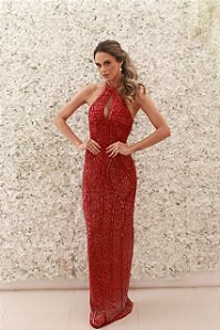 VESTIDO VERMELHO NY DECOTE OVAL TODO BORDADO