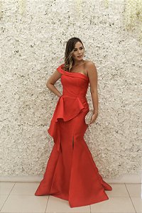 VESTIDO VERMELHO OMBRO ÚNICO FOLHO COSH