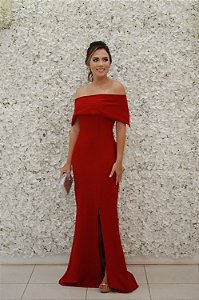 VESTIDO VERMELHO MARSALA SEREIA OMBRO A OMBRO COM FENDA
