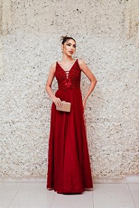 VESTIDO MARIE VERMELHO MARSALA COM BUSTO BORDADO E SAIA EM TULE