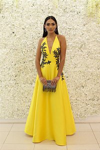 VESTIDO PRINCESA AMARELO COM BORDADO AZUL MARINHO