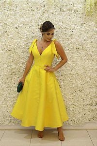 VESTIDO MIDI AMARELO ZIBELINE COM LAÇO NAS ALÇAS