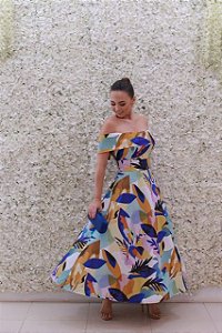VESTIDO MIDI OMBRO A OMBRO ESTAMPADO DE FOLHOS MARRÔ