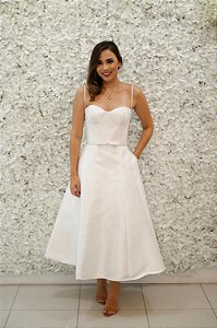 VESTIDO BRANCO MIDI COM DECOTE CORSELET EM TIRAS