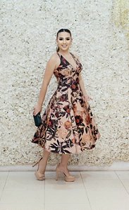 VESTIDO MIDI ESTAMPADO PRINCESA FLORAL ROSÉ CORAL MARRÔ