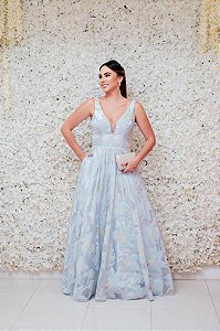 VESTIDO AZUL SERENITY PRINCESA COM FLORES BORDADAS