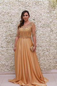 VESTIDO MD DOURADO OURO COM MANGA 3/4 BORDADO