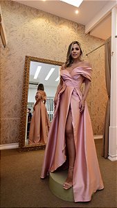 VESTIDO LIA ROSÊ OMBRO A OMBRO BUFANTE COM FENDA PRINCESA