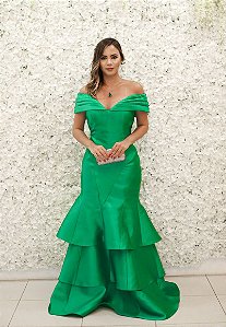 VESTIDO VERDE ESMERALDA OMBRO A OMBRO COM PREGAS CAMADAS ZIBELINE