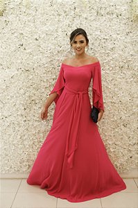 VESTIDO PINK OMBRO A OMBRO FLUÍDO COM MANGA FLARE