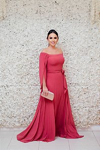 VESTIDO CORAL GOIABA PLISSADO OMBRO A OMBRO COM MANGA FLARE