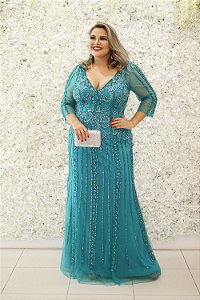 VESTIDO VERDE TURQUESA TODO BORDADO COM MANGA EM TULE
