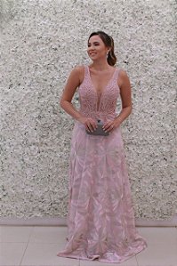 VESTIDO MARIE ROSÊ COM SAIA ESTAMPA EM FOLHAS E BUSTO BORDADO
