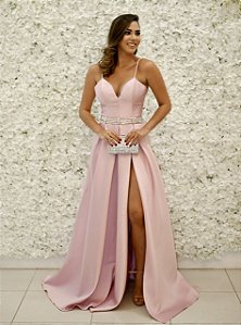 VESTIDO MARIE ROSA LAVANDA PRINCESA COM CINTO BORDADO E FENDA ZIBELINE