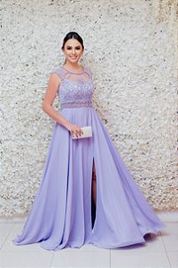 VESTIDO LAVANDA BORDADO E SAIA GODÊ SEDA