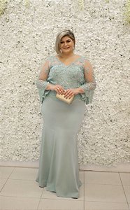 VESTIDO PS VERDE ÁGUA DE MANGA FLARE EM RENDA