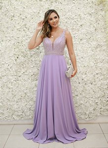 VESTIDO LAVANDA DE ALÇAS COM DECOTE  E PEDRARIA
