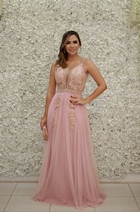 VESTIDO MARIE ROSÊ DECOTE X BORDADO COM SAIA GODÊ TULE
