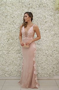 VESTIDO MARIE ROSÊ SEREIA COM RENDA LATERAL E DECOTE