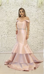 BAZAR - VESTIDO ROSA BEBÊ OMBRO A OMBRO COM SAIA EM CAMADAS E CINTO BORDADO