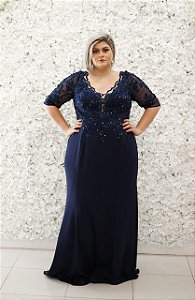 VESTIDO AZUL MARINHO EM RENDA COM MANGAS BORDADA E DETALHES EM TULE