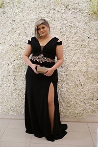 VESTIDO PS PRETO COM DETALHE BORDADO NA CINTURA E DECOTE E MANGA VAZADA