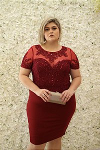 VESTIDO PS CURTO MARSALA DE RENDA COM MANGUINHA BORDADA