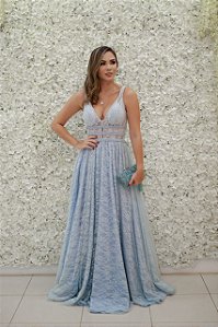 VESTIDO AZUL DE RENDA COM TIRAS VAZADAS NA CINTURA