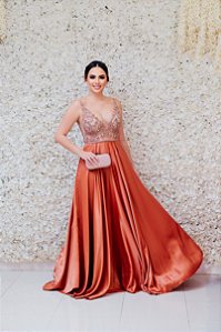VESTIDO MARIE CORAL TERRACOTA COM BUSTO BORDADO