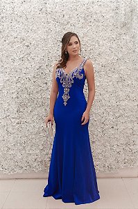 VESTIDO AZUL ROYAL SEREIA COM BUSTO DECOTE BORDADO