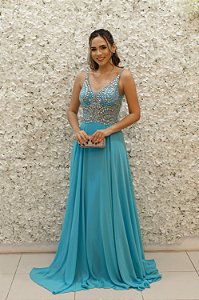 VESTIDO AZUL TIFFANY SEREIA COM BUSTO BORDADO E DECOTE V NAS COSTAS