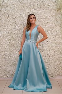 VESTIDO AZUL TIFFANY PRINCESA COM DECOTE