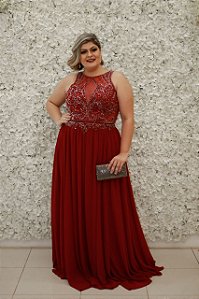 VESTIDO VERMELHO BORDÔ COM SAIA GODÊ E BUSTO EM PEDRARIA