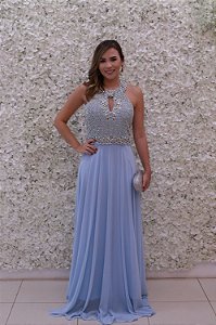 VESTIDO AZUL BEBÊ COM BUSTO EM PEDRARIA E GOLA ALTA