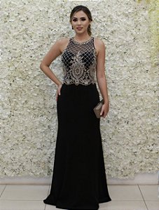 VESTIDO LONGO PRETO SEREIA COM BORDADO DOURADO E AZUL