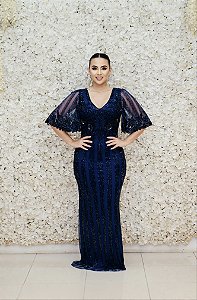 VESTIDO NY AZUL MARINHO COM MANGAS BORBOLETA TODO BORDADO EM TULE