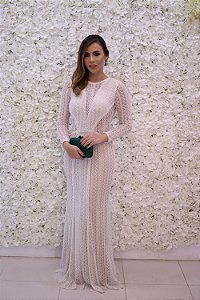 VESTIDO LONGO IMPORTADO BRANCO MANGA COMPRIDA EM RENDA TODO BORDADO