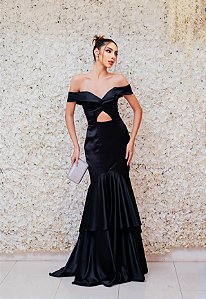VESTIDO PRETO OMBRO A OMBRO EM CAMADAS COM DECOTE VAZADO