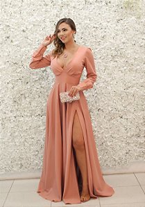 VESTIDO ROSA CHÁ COM MANGAS COMPRIDAS FLUIDO FENDA