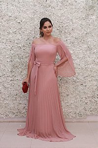 VESTIDO ROSA PLISSADO OMBRO A OMBRO COM MANGAS FLUÍDAS