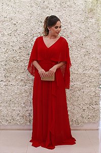 VESTIDO VERMELHO MARSALA COM MANGA CAPA