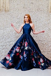VESTIDO AZUL MARINHO ESTAMPADO PRINCESA FRENTE ÚNICA
