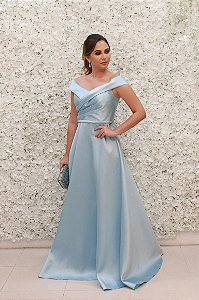 VESTIDO AZUL TIFFANY PRINCESA OMBRO A OMBRO ZIBELINE COM DECOTE TRANSPASSADO