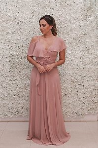 VESTIDO ROSA CHÁ COM CAIMENTO E MANGA FLUÍDO