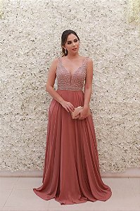 VESTIDO ROSA CHÁ COM DECOTE BORDADO FURTACOR E SAIA GODÊ