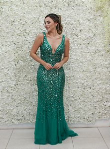VESTIDO ADK VERDE ESMERALDA TODO EM PEDRARIA EM TULE
