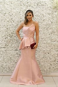 VESTIDO ROSÊ ZIBELINE COM DETALHE FOLHO CINTURA E BUSTO