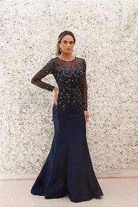 VESTIDO AZUL MARINHO SEREIA COM BUSTO BORDADO E MANGA LONGA DE TULE E SAIA EM ZIBELINE
