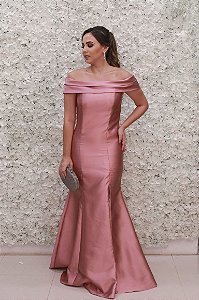 VESTIDO ROSA CHÁ OMBRO A OMBRO COM FENDA ZIBELINE